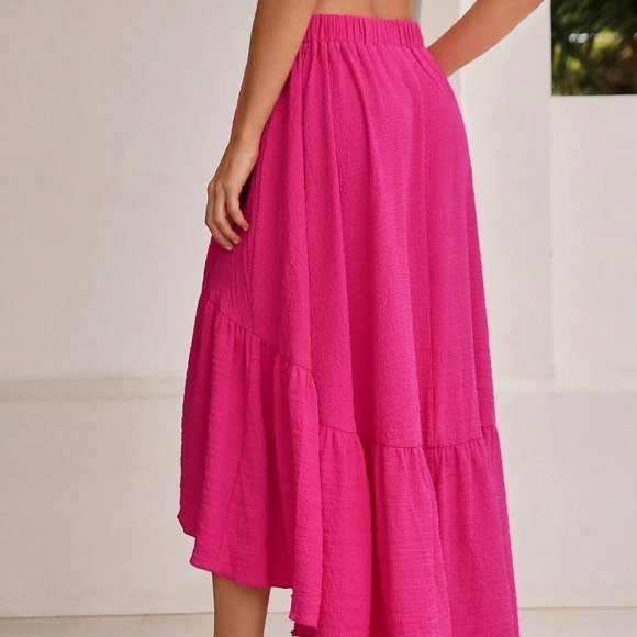 Pink Boho Womens Solid High Low Ruffle Hem Skirt - Picture 2 of 5
